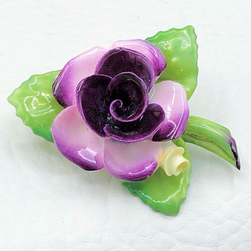 Cara China Porcelain Flower Brooch Purple Rose‎ Staffordshire England Floral Pin